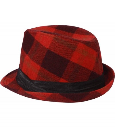 Fedoras Men's Women's Manhattan Structured Gangster Trilby Wool Fedora Hat Classic Timeless Light Weight - Red Checked - CJ18...