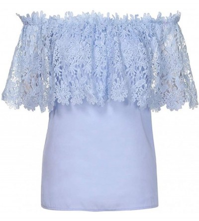 Headbands Women's Tops- Fold Lace Roysberry Off Shoulder Short Sleeve Blouses and Tops - Blue - CN18H0CX6KL $25.51