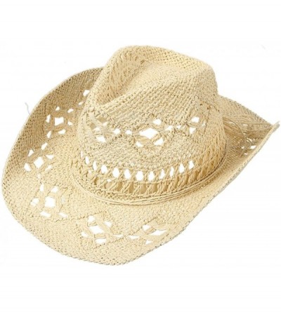 Cowboy Hats Women Straw Hat Hollow Out Cowboy Cowgirl Sun Hat Summer Beach Straw Cowboy Hat - Khaki - C518Q2YOKWU $15.09