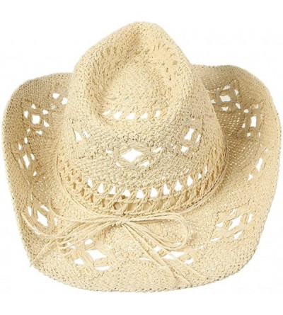 Cowboy Hats Women Straw Hat Hollow Out Cowboy Cowgirl Sun Hat Summer Beach Straw Cowboy Hat - Khaki - C518Q2YOKWU $15.09