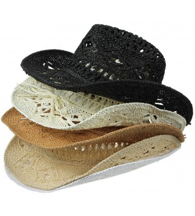 Cowboy Hats Women Straw Hat Hollow Out Cowboy Cowgirl Sun Hat Summer Beach Straw Cowboy Hat - Khaki - C518Q2YOKWU $36.83
