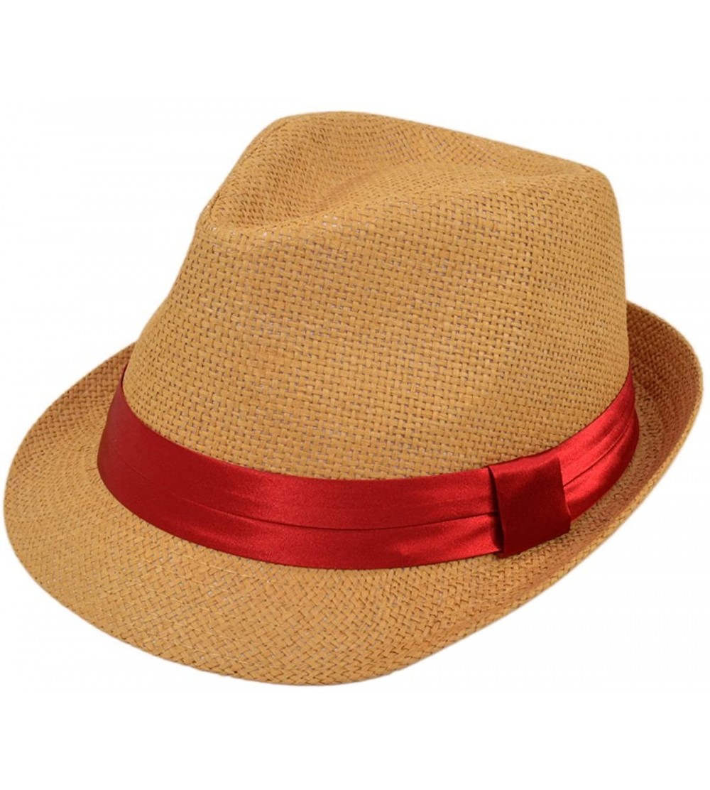 Fedoras Classic Tan Fedora Straw Hat with Ribbon Band - Diff Color Band Avail - Burgundy Band - CK11LGBC1LP $9.60