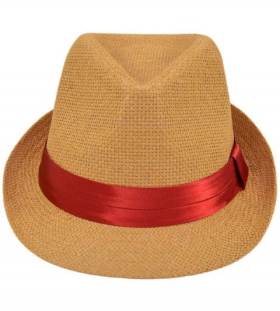 Fedoras Classic Tan Fedora Straw Hat with Ribbon Band - Diff Color Band Avail - Burgundy Band - CK11LGBC1LP $9.60