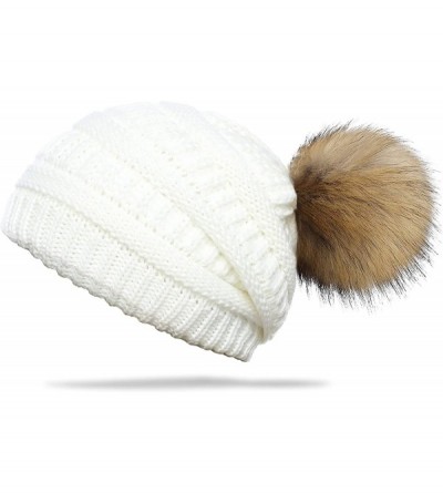 Skullies & Beanies Slouchy Winter Knit Beanie Cap Chunky Faux Fur Pom Pom Hat Bobble Ski Cap - White-01 - CP18E8TH7X0 $13.45
