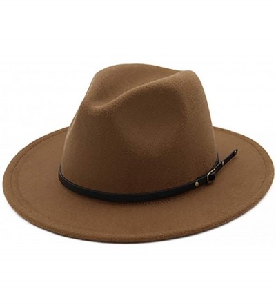 Fedoras Women's Woolen Wide Brim Fedora Hat Classic Jazz Cap with Belt Buckle - Khaki - C118H840YXI $15.02