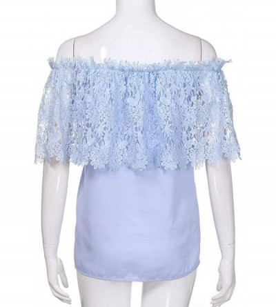 Headbands Women's Tops- Fold Lace Roysberry Off Shoulder Short Sleeve Blouses and Tops - Blue - CN18H0CX6KL $23.05