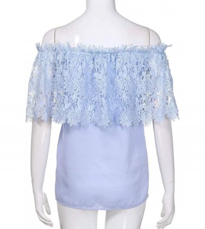 Headbands Women's Tops- Fold Lace Roysberry Off Shoulder Short Sleeve Blouses and Tops - Blue - CN18H0CX6KL $9.53