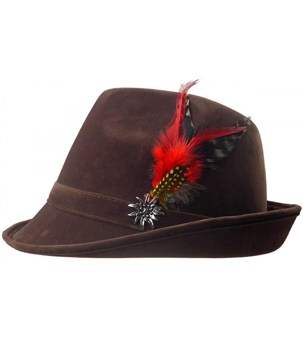 Fedoras German Hunter Brown Hat Fedora with Edelweiss & Feather for Men and Women - CF18ILX22HM $22.06