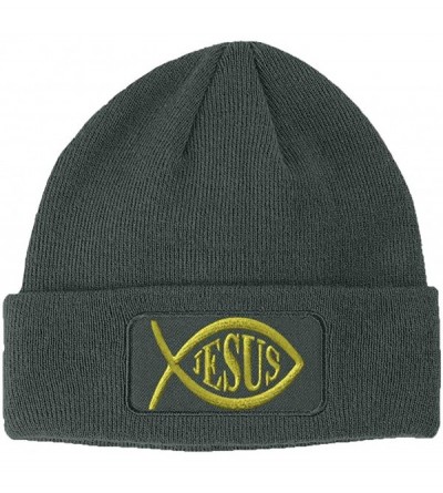 Skullies & Beanies Custom Patch Beanie Jesus Fish Christian Christ Embroidery Acrylic - Dark Grey - CT18A6IL5U6 $19.74