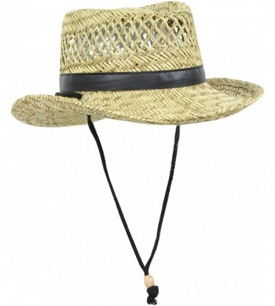 Sun Hats Classic Straw Flat Top Gambler Sun Hat w/ Vegan Leather and Chin Strap - Black Trim - CJ11ULXBABZ $39.91