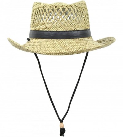 Sun Hats Classic Straw Flat Top Gambler Sun Hat w/ Vegan Leather and Chin Strap - Black Trim - CJ11ULXBABZ $20.64