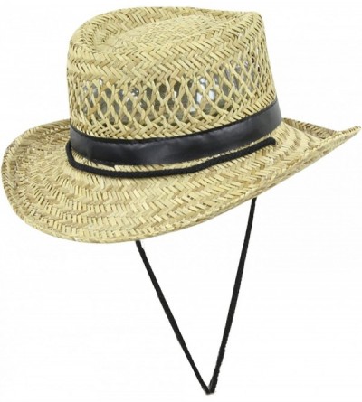 Sun Hats Classic Straw Flat Top Gambler Sun Hat w/ Vegan Leather and Chin Strap - Black Trim - CJ11ULXBABZ $20.64