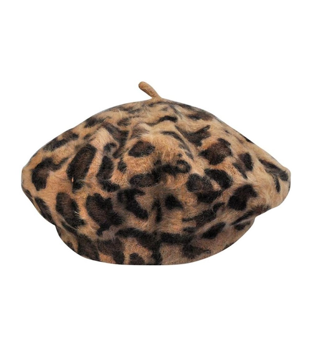 Berets Sunflyfashion Women French Style Vintage Leopard Print Wool Soft Winter Warm Beret Beanie Hat (Khaki) - CF186NDNKQC $1...