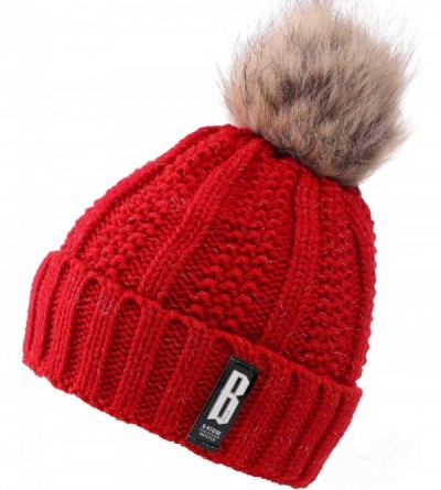 Skullies & Beanies Fleece Lined Women Winter Beanie Hats Faux Fur Pom Pom Beanie Hat - Red Tan - C718I5OKDCU $6.95