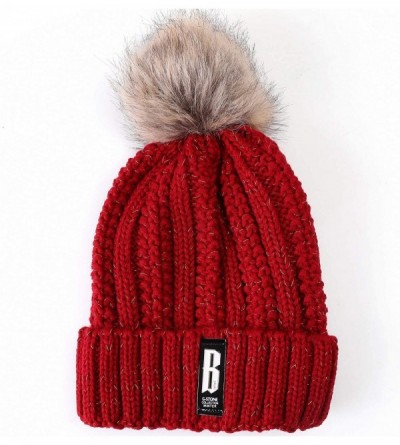 Skullies & Beanies Fleece Lined Women Winter Beanie Hats Faux Fur Pom Pom Beanie Hat - Red Tan - C718I5OKDCU $6.95