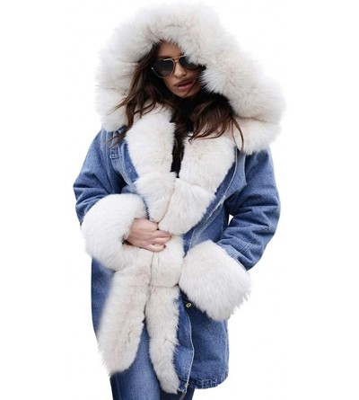 Headbands Womens Fleece Denim Jacket Hooded Coat Faux Fur Lined Warm Coats Parkas Outwear Winter Long Fishtail Overcoat - CJ1...