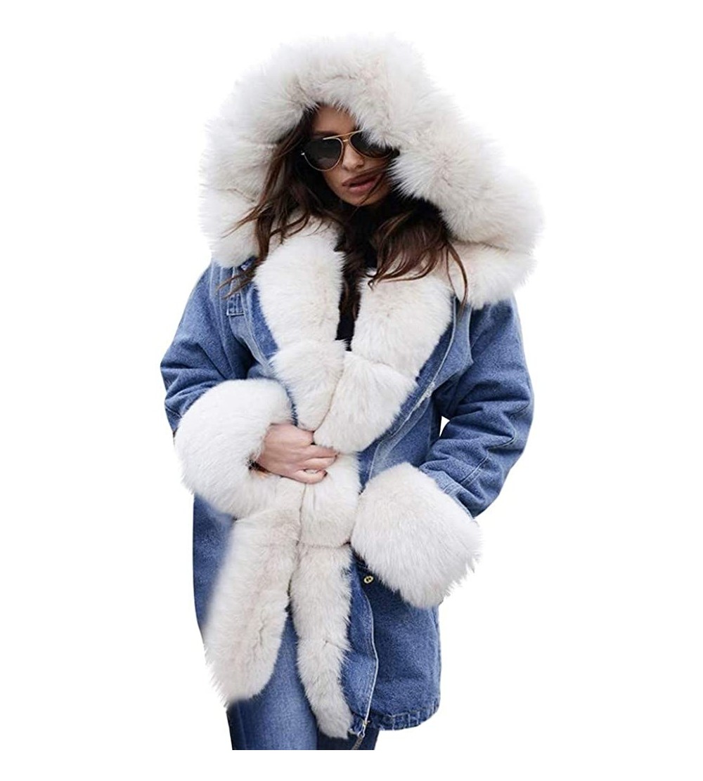 Headbands Womens Fleece Denim Jacket Hooded Coat Faux Fur Lined Warm Coats Parkas Outwear Winter Long Fishtail Overcoat - CJ1...