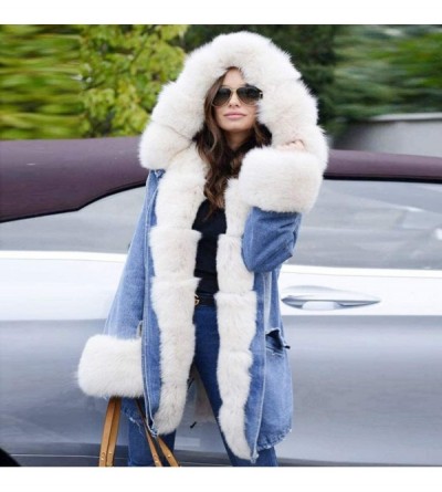 Headbands Womens Fleece Denim Jacket Hooded Coat Faux Fur Lined Warm Coats Parkas Outwear Winter Long Fishtail Overcoat - CJ1...
