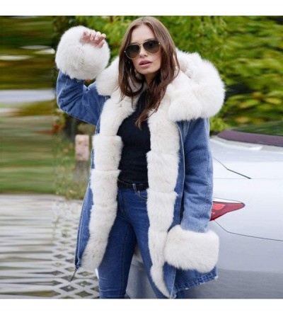 Headbands Womens Fleece Denim Jacket Hooded Coat Faux Fur Lined Warm Coats Parkas Outwear Winter Long Fishtail Overcoat - CJ1...