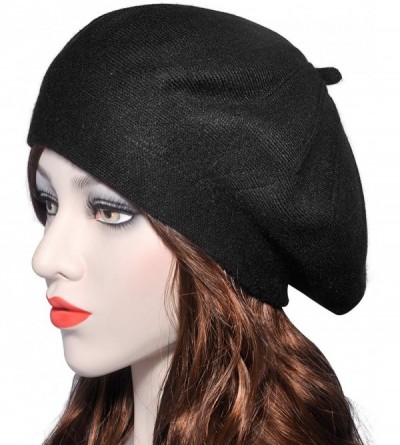 Berets French Beret hat- Reversible Solid Color Cashmere Knit Warm Beret Cap for Womens Girls - Black - CL18WDSGS02 $15.28