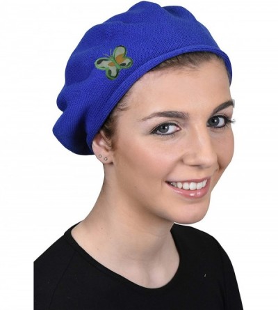 Berets 100% Cotton Beret French Ladies Hat with Army Butterfly Applique - Royal Blue - CO183468OD7 $51.30