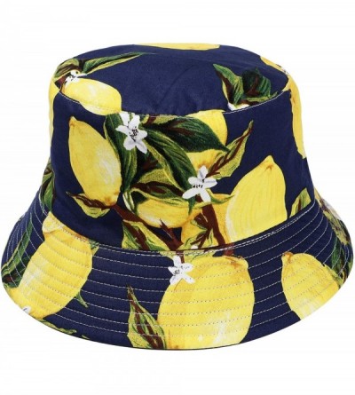 Bucket Hats Cute Bucket Hat Unisex Fruit Print Reversible Packable Cap Summer Fisherman Sun Hat - Lemon - Dark Blue - C2196IH...
