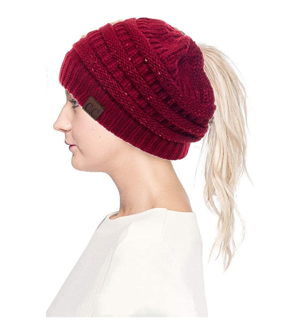 Skullies & Beanies Women Knitted Sparkle Sequin Soft Skull Cap Ponytail Messy Bun Beanie - Burgundy - CN18IC7MT75 $14.64