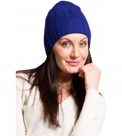 Skullies & Beanies Women's 100% Pure Cashmere Cable Knit Hat Super Soft Cuffed - Royal Blue - CQ11I5HRNUH $44.92