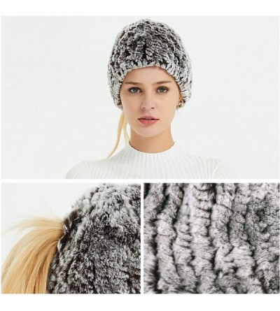 Skullies & Beanies Real Rex Rabbit Fur Hat- Knitted Warm Beanie Cap with Fox Fur Pompom Ball - Pony Tail Hole (Gray & White) ...