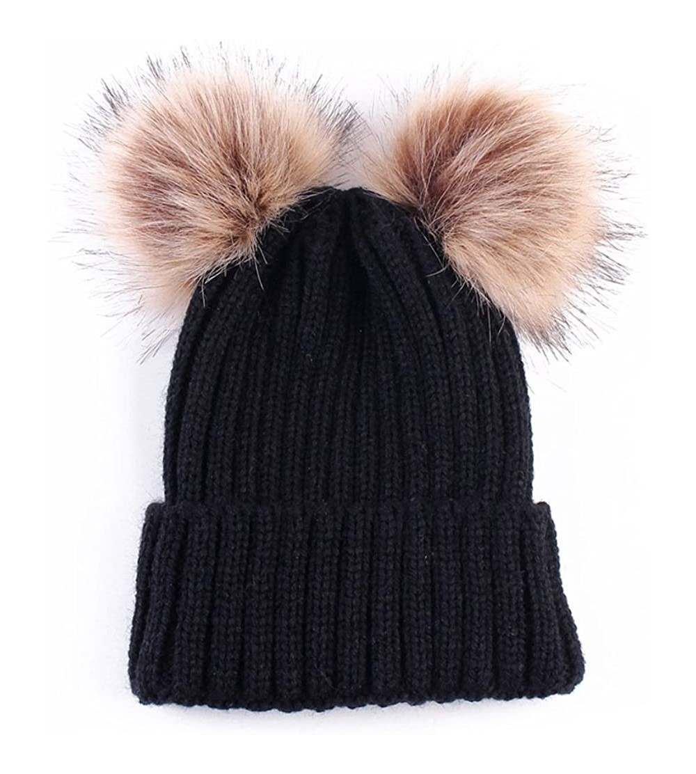 Skullies & Beanies Women Winter Chunky Knit Double Pom Pom Beanie Hats Cozy Warm Slouchy Hat - Black - CN188RA2CDA $9.61