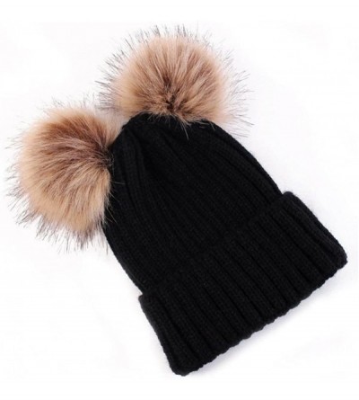 Skullies & Beanies Women Winter Chunky Knit Double Pom Pom Beanie Hats Cozy Warm Slouchy Hat - Black - CN188RA2CDA $9.61