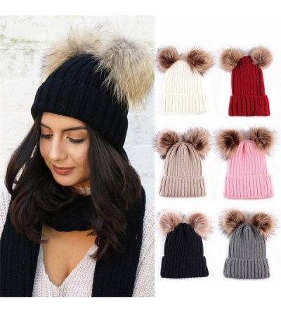 Skullies & Beanies Women Winter Chunky Knit Double Pom Pom Beanie Hats Cozy Warm Slouchy Hat - Black - CN188RA2CDA $9.61