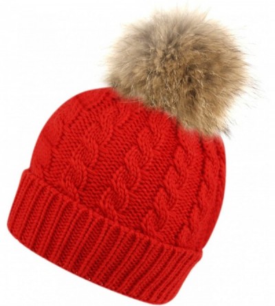 Skullies & Beanies Womens Girls Knitted Fur Hat Real Large Raccoon Fur Pom Pom Beanie Hats - Bn2354red - C212O8IW8I9 $18.72
