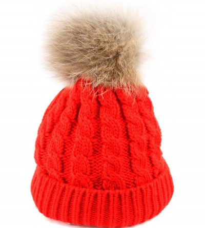 Skullies & Beanies Womens Girls Knitted Fur Hat Real Large Raccoon Fur Pom Pom Beanie Hats - Bn2354red - C212O8IW8I9 $18.72