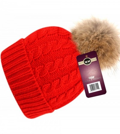 Skullies & Beanies Womens Girls Knitted Fur Hat Real Large Raccoon Fur Pom Pom Beanie Hats - Bn2354red - C212O8IW8I9 $18.72