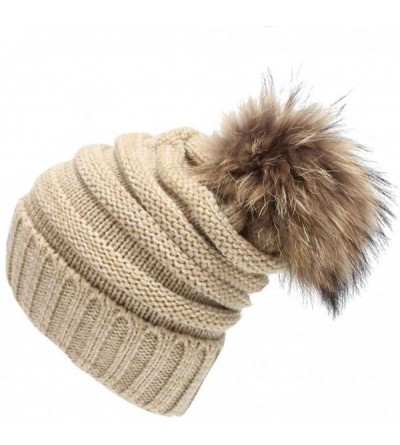 Skullies & Beanies Womens Winter Soft Cozy Hand Knit Faux Fur Pompoms Beanie Hat(Beige- one-Size) - Beige - CE18I2TCWD0 $12.12