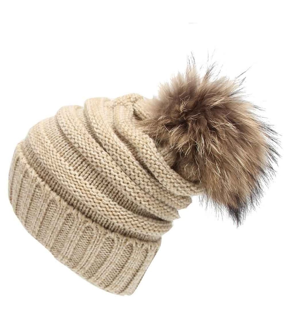 Skullies & Beanies Womens Winter Soft Cozy Hand Knit Faux Fur Pompoms Beanie Hat(Beige- one-Size) - Beige - CE18I2TCWD0 $12.12