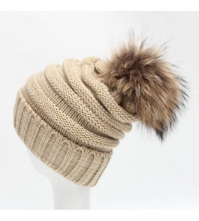 Skullies & Beanies Womens Winter Soft Cozy Hand Knit Faux Fur Pompoms Beanie Hat(Beige- one-Size) - Beige - CE18I2TCWD0 $12.12