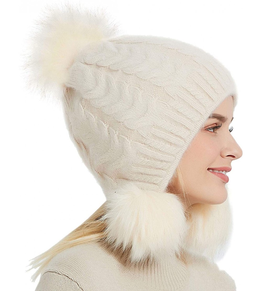 Skullies & Beanies Womens Winter Knit Slouchy Beanie Hat Faux Fur Pom Pom Warm Knitted Skull Cap - Beige - C318X6O77U6 $11.46