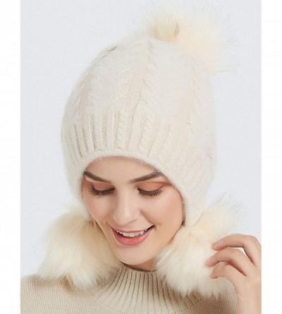 Skullies & Beanies Womens Winter Knit Slouchy Beanie Hat Faux Fur Pom Pom Warm Knitted Skull Cap - Beige - C318X6O77U6 $11.46