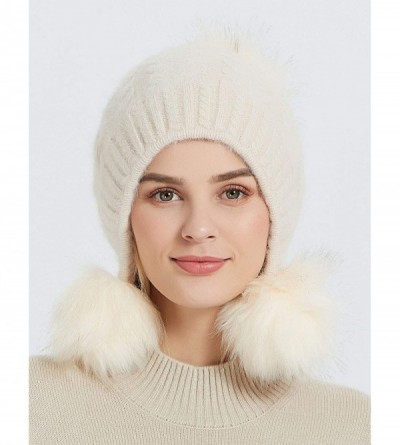 Skullies & Beanies Womens Winter Knit Slouchy Beanie Hat Faux Fur Pom Pom Warm Knitted Skull Cap - Beige - C318X6O77U6 $11.46
