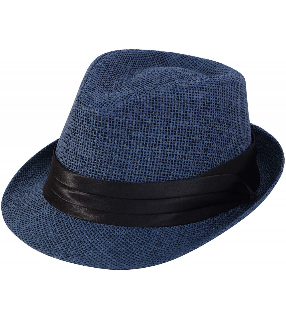 Fedoras Women/Men's Summer Short Brim Straw Fedora Sun Hat - 7navy - C618DWW5UXM $10.63