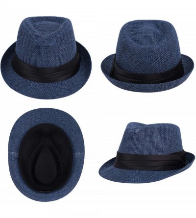 Fedoras Women/Men's Summer Short Brim Straw Fedora Sun Hat - 7navy - C618DWW5UXM $10.63