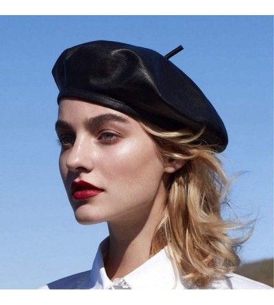 Berets Women's Retro PU Leather Painter Newsboy Cap Cabbie Beret Beanie Hat Winter - Black - CI18HQOXAQI $17.37