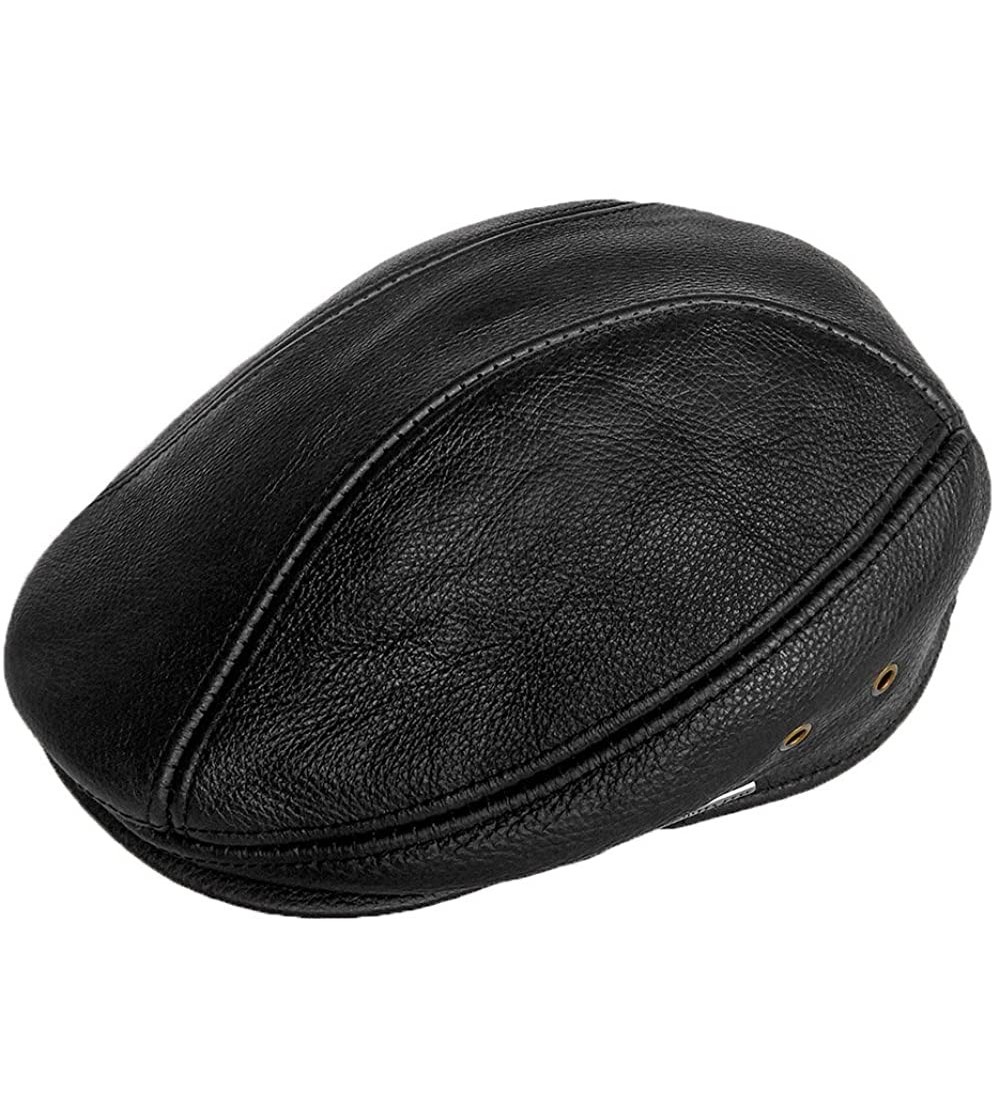 Newsboy Caps Newsboy Classic Flat Hat Genuine Leather Cabbie Hat Driving Ivy Cap - Black With 3 Airholes - CR126AI82U1 $26.32