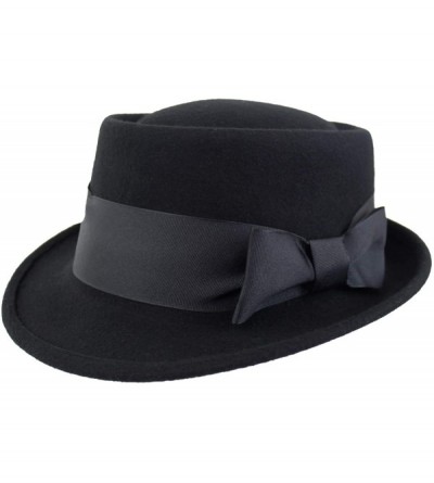Fedoras Black Porkpie Wool Fedora Hat with Satin Trim - CE18IOOYN2Z $61.78