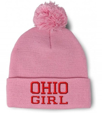 Skullies & Beanies Custom Pom Pom Beanie Ohio Girl State USA America Embroidery Acrylic - Soft Pink - CR18A0E33N5 $13.01