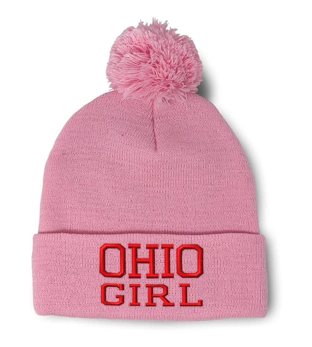 Skullies & Beanies Custom Pom Pom Beanie Ohio Girl State USA America Embroidery Acrylic - Soft Pink - CR18A0E33N5 $13.01