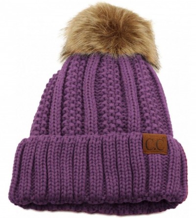 Skullies & Beanies Winter Sherpa Fleeced Lined Chunky Knit Stretch Pom Pom Beanie Hat Cap - Solid Violet - CF18K2QL6OA $16.90