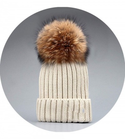 Skullies & Beanies Knitted Real Fur Hat 100% Real Raccoon Fur Pom Pom Hat Winter Women Hat Beanie for Women - Beige - CA18LZ9...